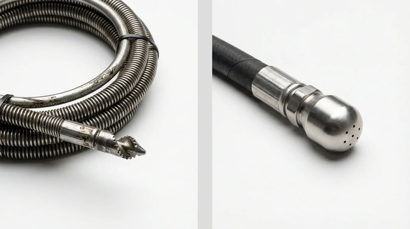 Drain snake cable and hydro jetting nozzle used for drain cleaning in Mathews, LA