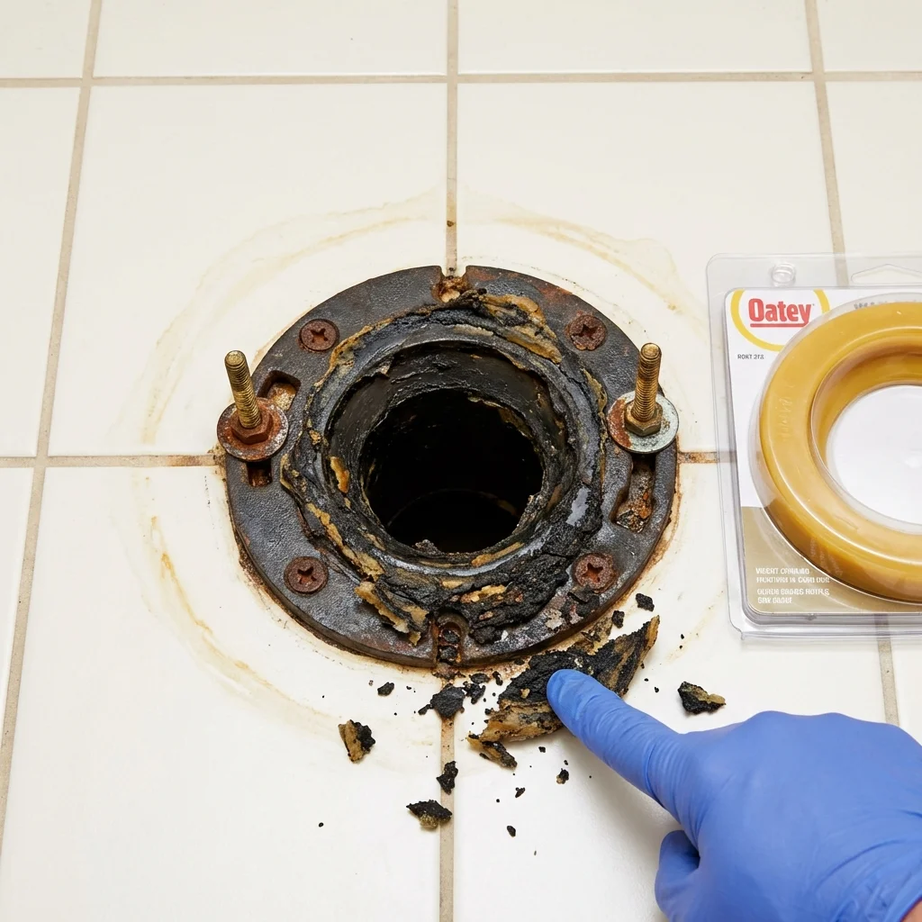 Failed wax ring showing water seepage at the base of a toilet in a Mathews, LA home