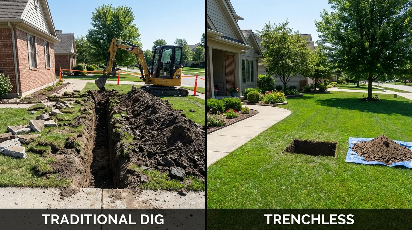 Trenchless sewer repair with minimal yard damage versus traditional excavation in Mathews, LA